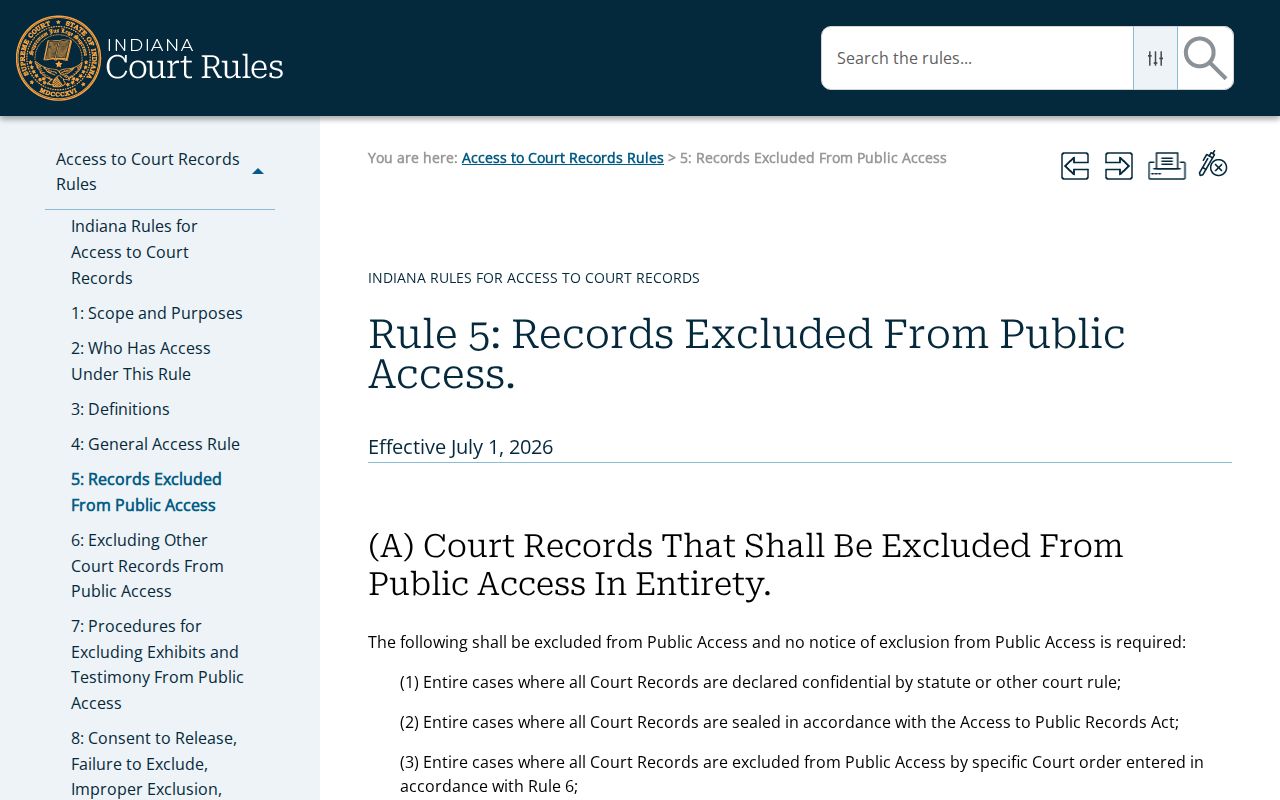 Indiana Access Rule 5 confidential civil case categories and redactions