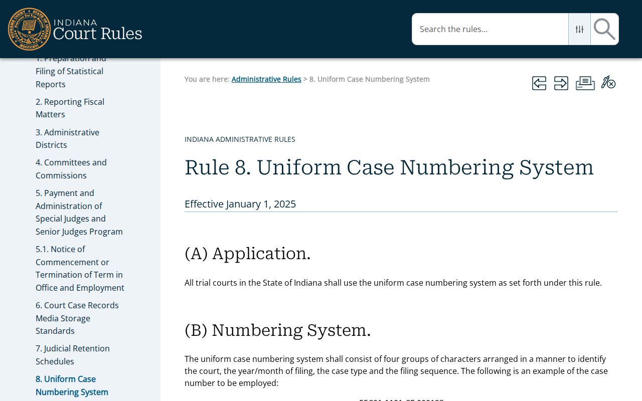 Indiana Administrative Rule 8 case-number requirements used for Union County civil dockets