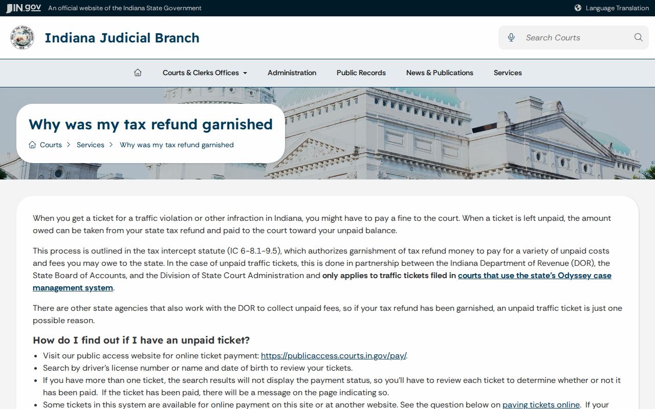 Indiana ticket payment and tax refund garnishment
