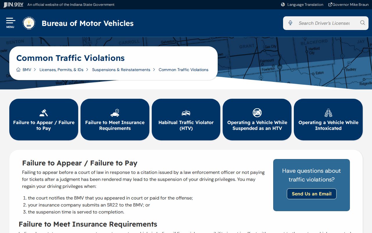Indiana BMV common traffic violations