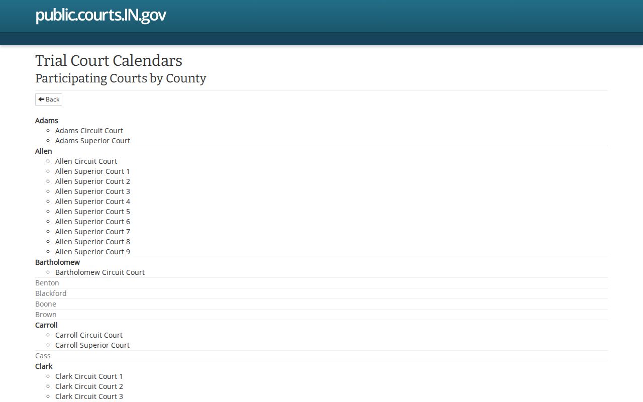Indiana Court Calendar county and court controls for Union County date searches